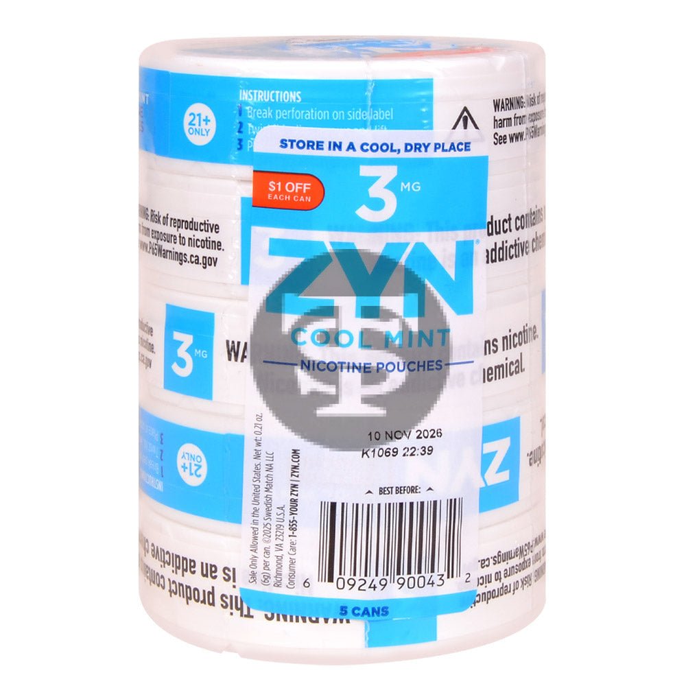 Zyn $1 OFF Nicotine pouches 3mg Cool Mint, 5 cans 1 zyn 1 off nicotine pouches 3mg cool mint 5 cans 660