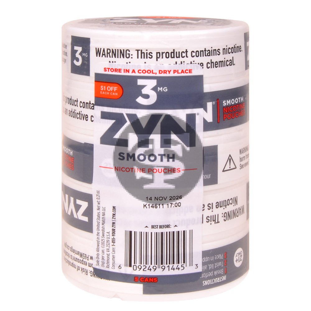 Zyn $1 OFF Nicotine pouches 3mg Smooth, 5 cans 1 zyn 1 off nicotine pouches 3mg smooth 5 cans 975