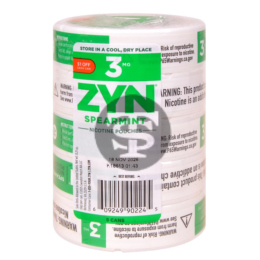 Zyn $1 OFF Nicotine pouches 3mg Spearmint, 5 cans 1 zyn 1 off nicotine pouches 3mg spearmint 5 cans 823