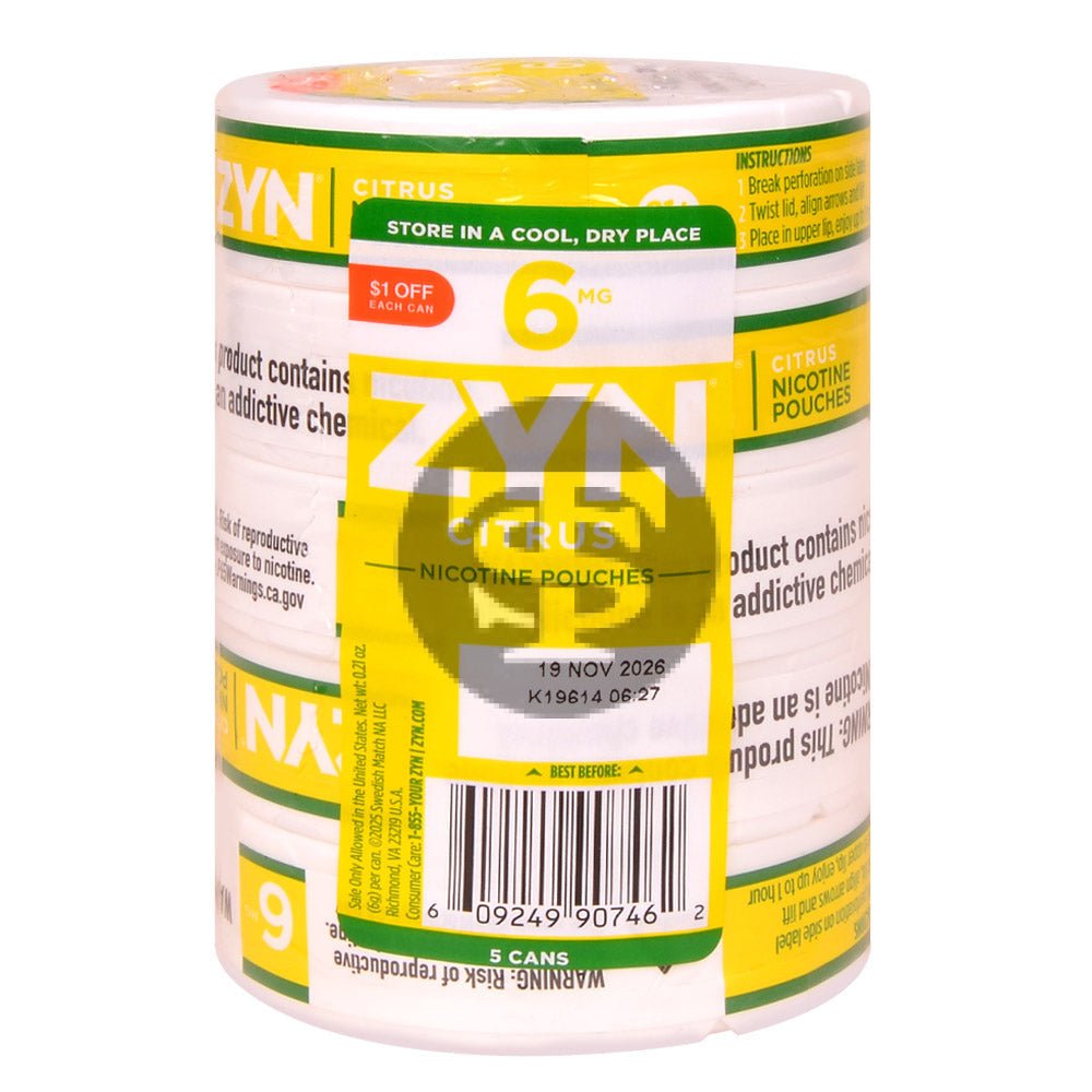 Zyn $1 OFF Nicotine pouches 6mg Citrus, 5 cans 1 zyn 1 off nicotine pouches 6mg citrus 5 cans 217